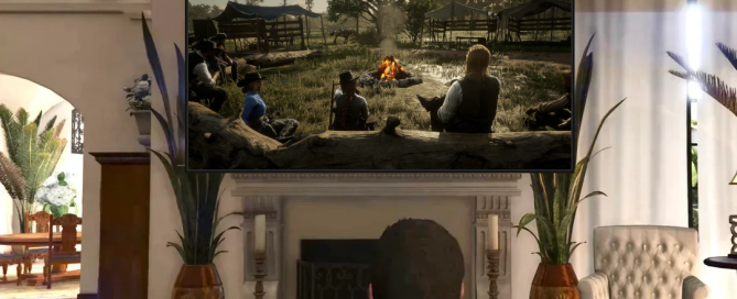 A GTAV character watches a TV displaying a group of RDR2 characters sitting around a campfire.
